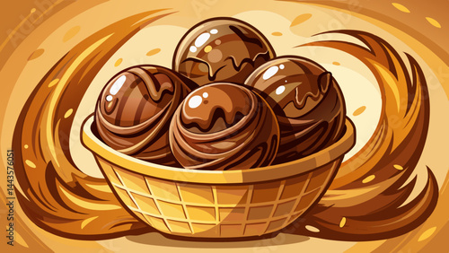 Creamy chocolate scoops rest in a golden waffle bowl.
Deep brown swirls shine with irresistible gloss.
The crispy basket adds warmth and texture.
A perfect pairing of flavor and form.