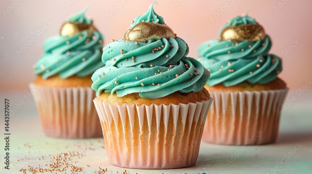 Luxurious cupcakes topped with teal and gold frosting, surrounded by shimmering abstract swirls on a soft pastel peach-to-lime gradient canvas.
