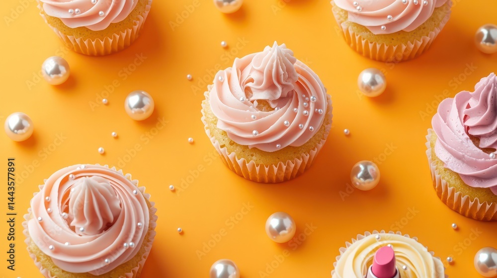 Minimalist cupcakes featuring tiny pastel-colored lipsticks, surrounded by edible pearls on a sunny orange background.