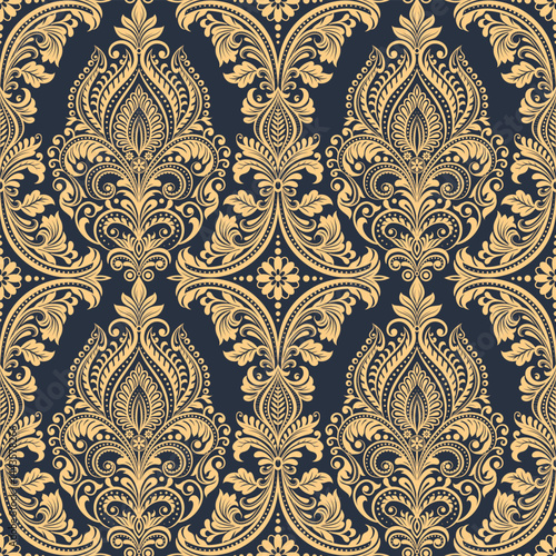 seamless damask pattern with baroque elements. Ornamental repetitive design for wallpapers, blinds, curtains, upholstery, bedding, slipcover, packaging.