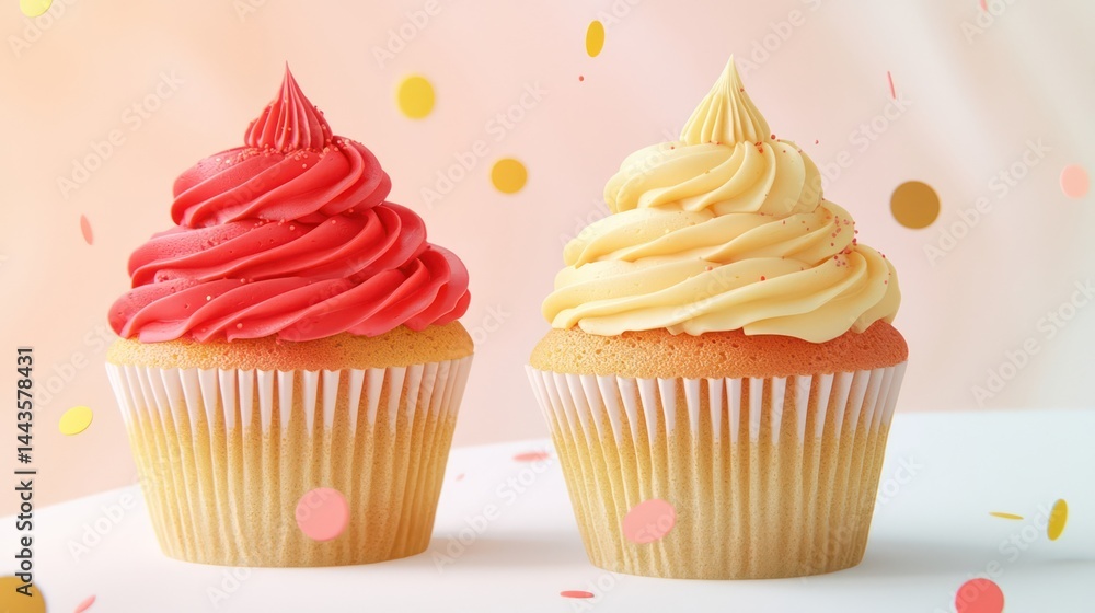 Minimalist cupcakes with bright red and yellow frosting, surrounded by tiny floating confetti on a white-to-soft coral gradient background.