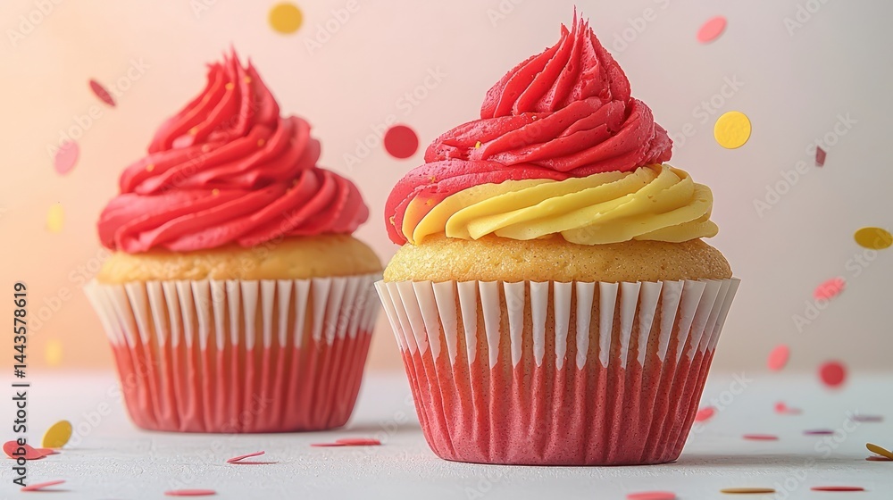 Minimalist cupcakes with bright red and yellow frosting, surrounded by tiny floating confetti on a white-to-soft coral gradient background.