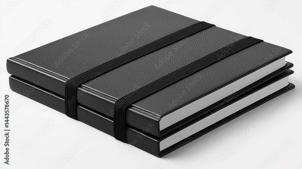 Two square black books with elastic bands, isolated on white background. Two square black books with elastic bands, isolated on white background.