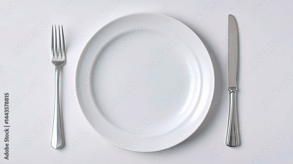 Clean Plate with Fork and Knife on Minimalist Table Setting Clean Plate with Fork and Knife on Minimalist Table Setting