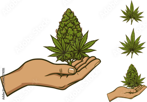 Marijuana in the hand. Icon product label and logo graphic template. Isolated vector illustration on white background.
