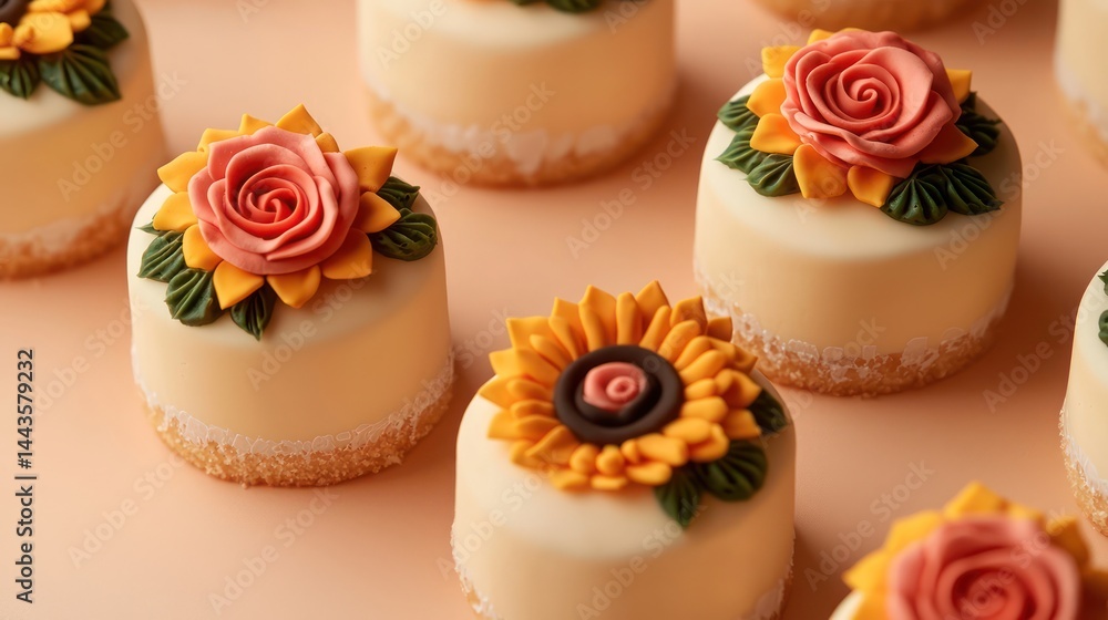 Mini cakes decorated with bold sunflower and rose motifs, arranged symmetrically on a warm peach background for a lively feel.
