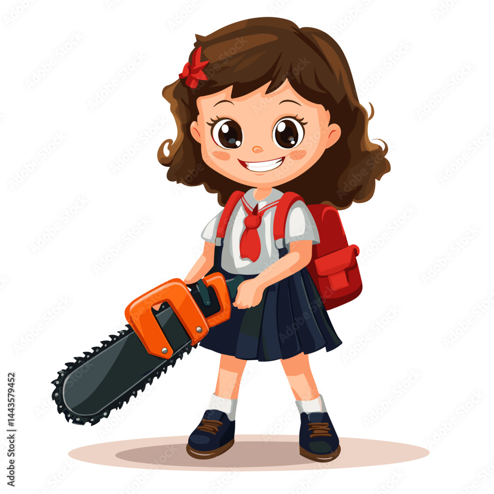 vector drawing little girl with chainsaw on white .Generative AI vector drawing little girl with chainsaw on white .Generative AI
