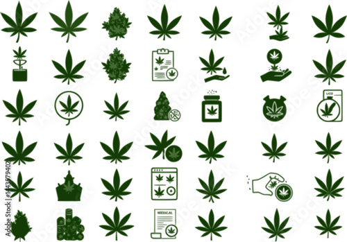 Marijuana, Cannabis icons. Set of medical marijuana icons. Marijuana leaf. Drug consumption. Marijuana Legalization. Isolated vector illustration.
