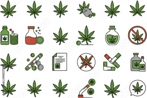 Marijuana, Cannabis icons. Set of medical marijuana icons. Marijuana leaf. Drug consumption. Marijuana Legalization. Isolated vector illustration.
