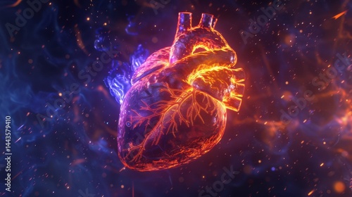 Vibrant Heart Illustration with Fiery Effects and Glowing Details