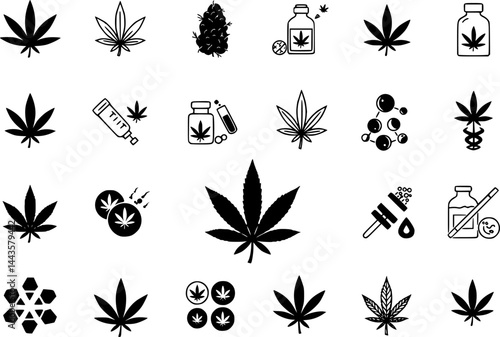 Marijuana, Cannabis icons. Set of medical marijuana icons. Marijuana leaf. Drug consumption. Marijuana Legalization. Isolated vector illustration.
