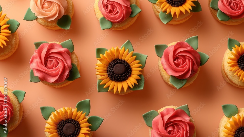 Mini cakes decorated with bold sunflower and rose motifs, arranged symmetrically on a warm peach background for a lively feel.