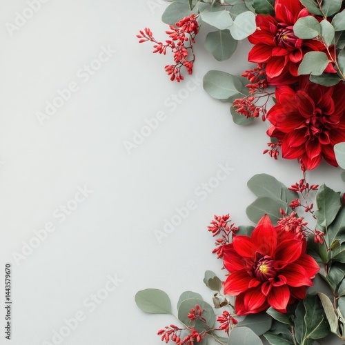 Elegant Christmas greeting card background featuring a vibrant red poinsettia flower with lush green leaves, capturing the beauty of nature's winter bloom