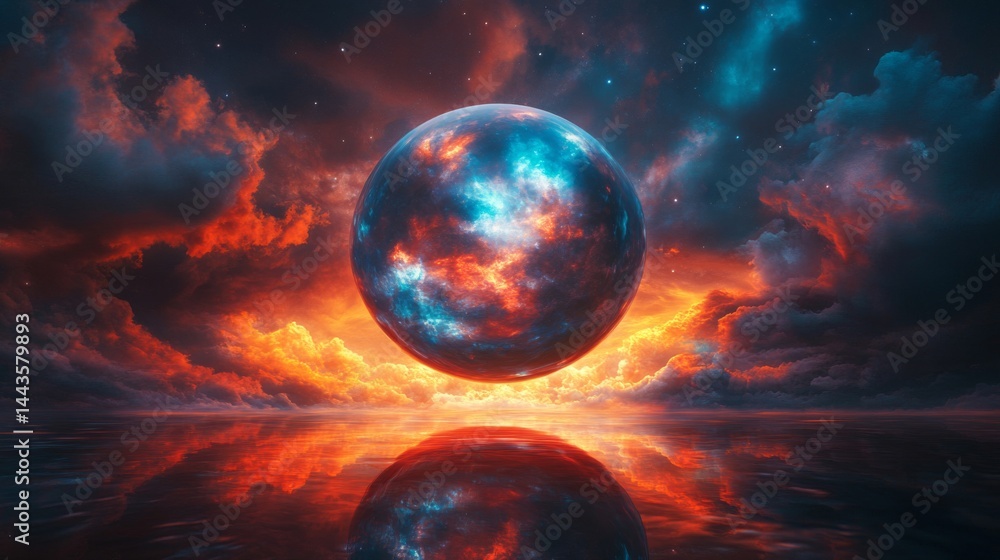 Obraz premium Celestial Sphere Reflecting in Fiery Waterscape