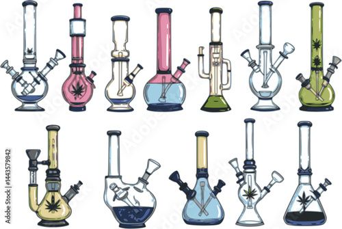 vector set of Bong for smoking. Isolated vector illustration on white background.
