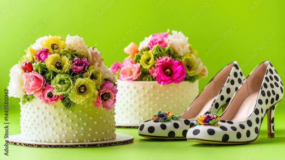 Mini cakes decorated with floral bouquets placed alongside shoes painted with polka dots, displayed on a vibrant lime green background.