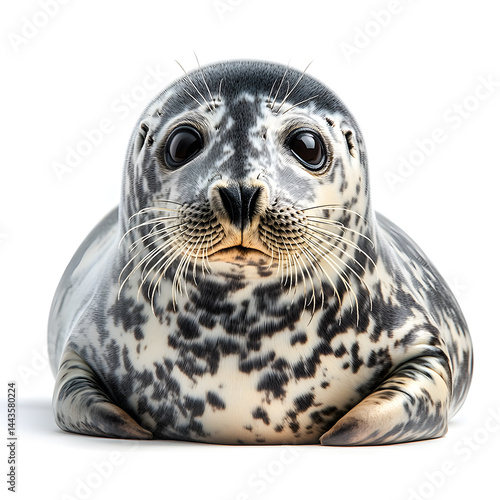 Common seal lying, facing, Phoca vitulina, 8 months old, isolated on white