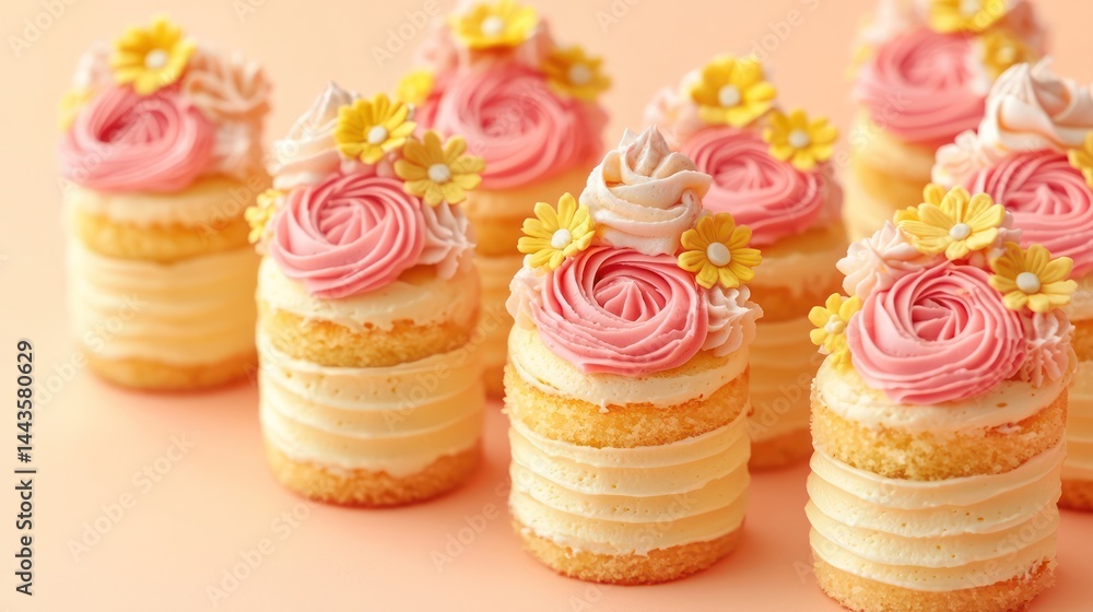 Mini cakes topped with intricate buttercream roses and daisies in pink and yellow hues, placed on a sunny peach background.