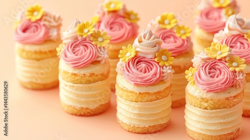 Obraz na płótnie Mini cakes topped with intricate buttercream roses and daisies in pink and yellow hues, placed on a sunny peach background. w salonie