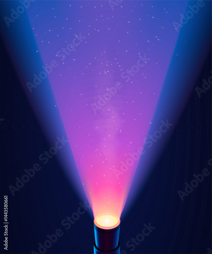 Vector purple spotlight with wide angle light ray from bottom to top