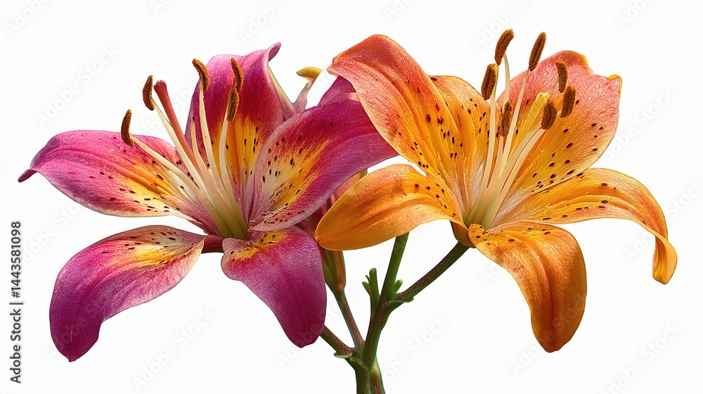 Naklejka premium Vibrant Pink and Orange Lilies with Detailed Petals on White Background