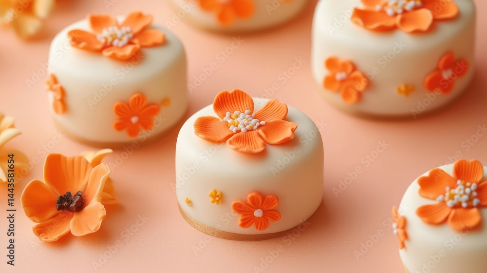 Mini cakes with orange floral motifs on a bright peach background.