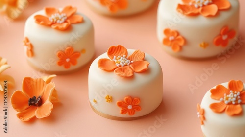 Obraz na płótnie Mini cakes with orange floral motifs on a bright peach background. w salonie