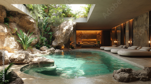 Luxurious indoor pool with natural rock features, tropical plants, and elegant lounge beds, creating a serene and spa-like retreat atmosphere.
