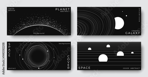 Set of abstract space astronomy horizontal backgrounds. Linear simple galaxy, planet, solar system. Black and white science future concept. Futuristic minimal design for cover, poster, banner, flyer