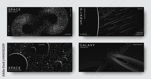 Set of abstract space astronomy horizontal backgrounds. Linear galaxy, meteorites, planet. Black and white science future concept. Futuristic minimal design for cover, poster, banner, brochure