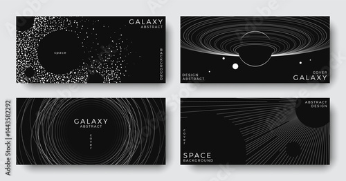 Set of abstract space astronomy horizontal backgrounds. Line art simple galaxy, planet, black hole. Black and white science future concept. Futuristic minimal design for cover, poster, banner, flyer