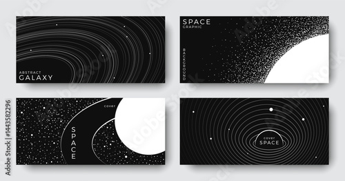 Set of abstract space astronomy horizontal backgrounds. Linear galaxy, planet, solar system. Black and white science future concept. Futuristic minimal design for cover, poster, banner, flyer, ads