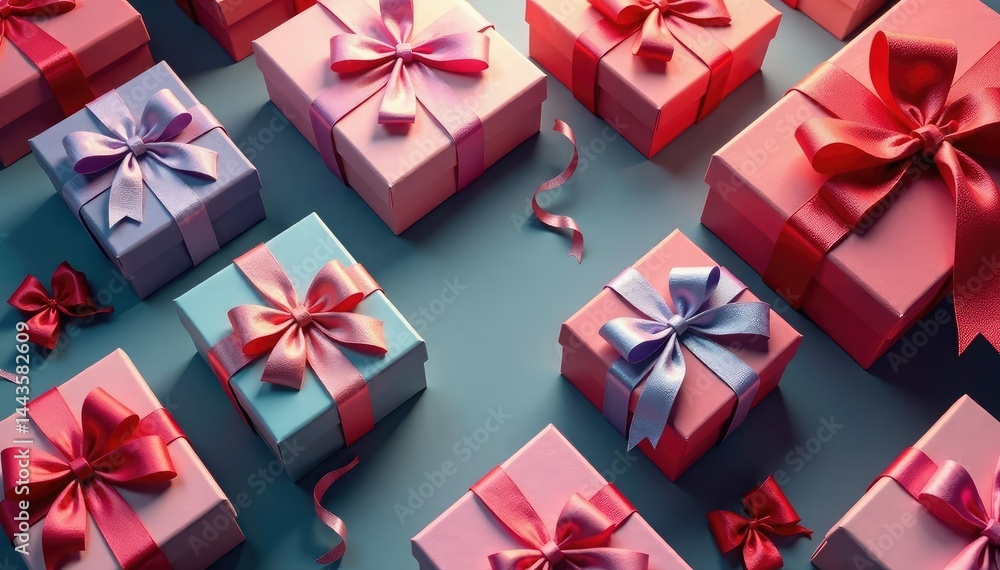 Elegant gift boxes, ribbons, bows, repeating pattern, floral, wrapping, paper Elegant gift boxes, ribbons, bows, repeating pattern, floral, wrapping, paper