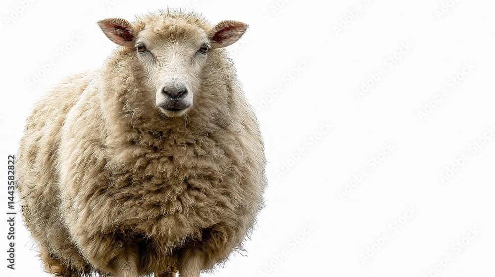 Fototapeta premium Close-up of a fluffy sheep standing against a white background