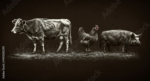 Vintage Black and White Farm Life with Cows and Chicken
