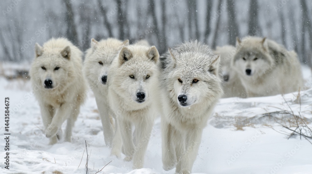 Obraz premium Arctic Wolf Pack on the Hunt in Winter