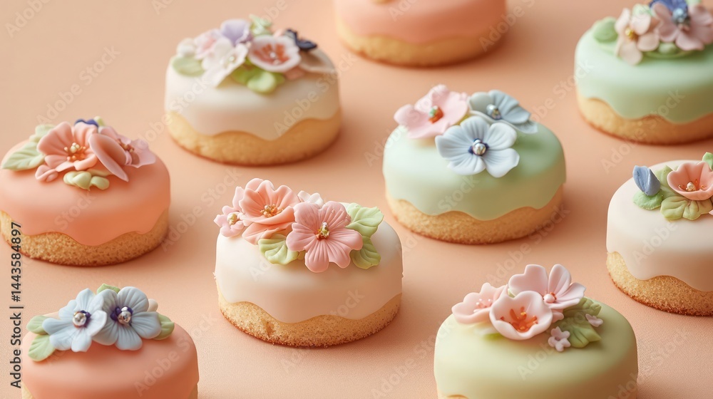 Small cakes adorned with blooming floral designs in pastel colors, displayed on a smooth peach canvas, radiating charm.