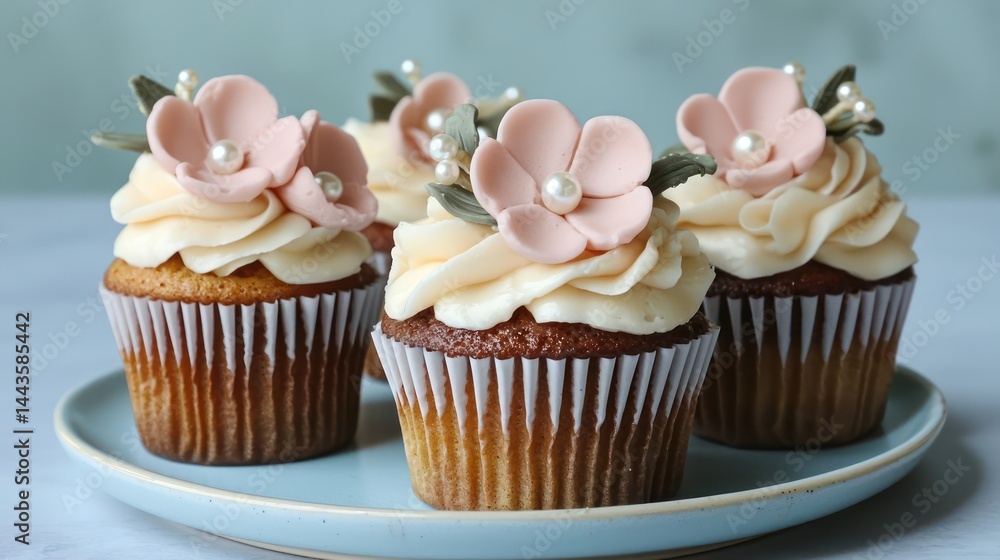 Sophisticated cupcakes adorned with pearls and blush pink fondant flowers, displayed on a porcelain plate against a powder blue backdrop.