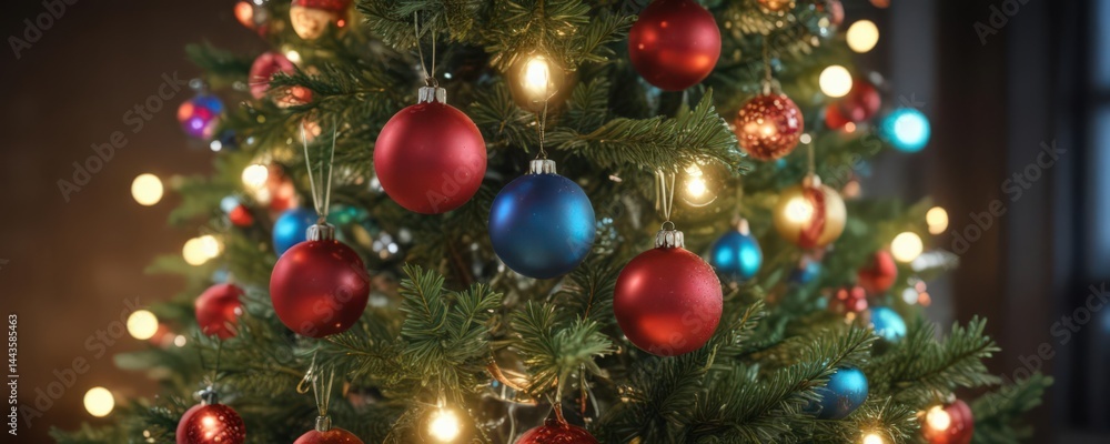 Vibrant baubles adorn a Christmas tree, bokeh lights glow , purple, illumination, festive Vibrant baubles adorn a Christmas tree, bokeh lights glow , purple, illumination, festive