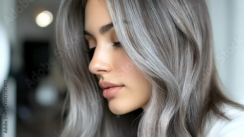 Beautiful woman showing gray hair coloring in hair salon