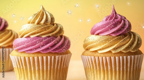 Obraz na płótnie Stylish cupcakes with golden and magenta frosting swirls, accented by floating sparkles on a light yellow-to-orange gradient background. w salonie
