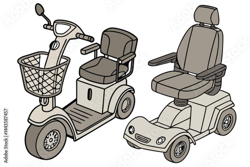 86 Mobility scooter, electric wheelchair, gray and beige colors, comfortable padded seat, adjustable armrests, front basket, control panel, large wheels, outdoor mobility aid, senior assistance device