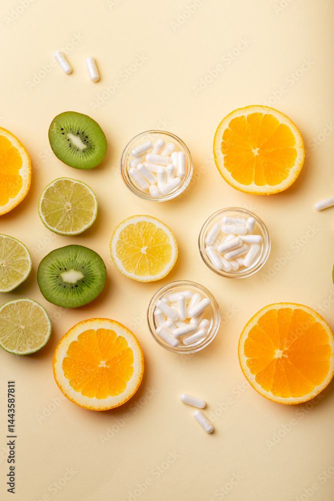 White vitamin C capsules and fruits such as kiwi, lime, lemon and orange as a natural source of vitamin C on beige background, top view. Natural vitamins and vitamin pills. Healthy lifestyle. White vitamin C capsules and fruits such as kiwi, lime, lemon and orange as a natural source of vitamin C on beige background, top view. Natural vitamins and vitamin pills. Healthy lifestyle.
