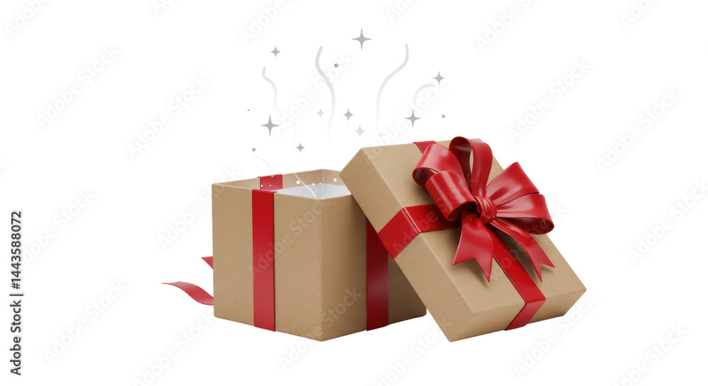 Isolated Opened Gift Box with Red Ribbon and Sparkling Light Isolated Opened Gift Box with Red Ribbon and Sparkling Light