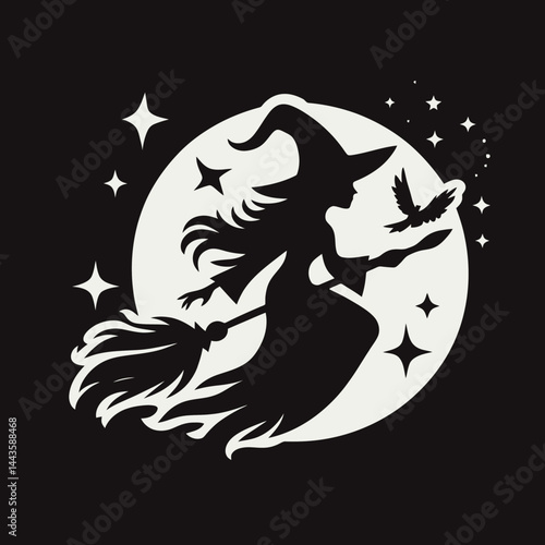 Silhouette Witch Flying on Broomstick with Raven and Moon