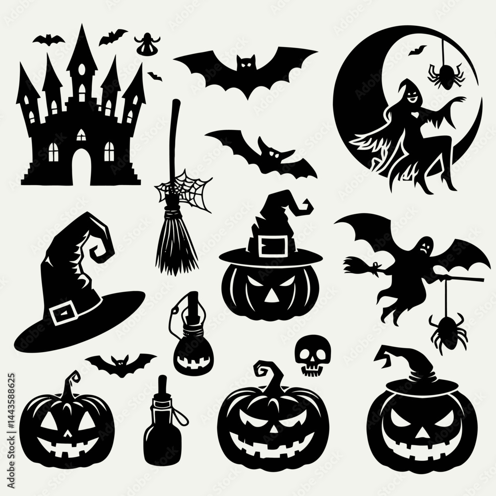 Obraz premium Halloween Silhouette Vector Set: Spooky Icons and Elements