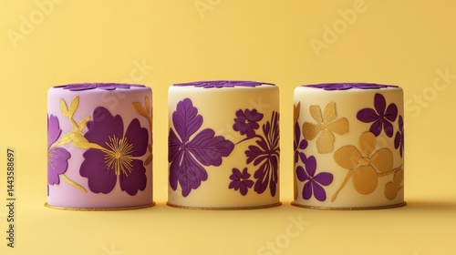 Obraz na płótnie Three mini cakes with bold purple and gold floral details arranged in a row on a radiant yellow background. w salonie