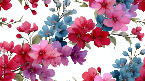 Floral seamless pattern of pink and blue flowers with green leaves on a white background
