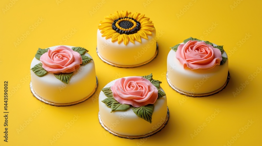 Three mini cakes with sunflower and rose designs arranged symmetrically on a bold yellow background.