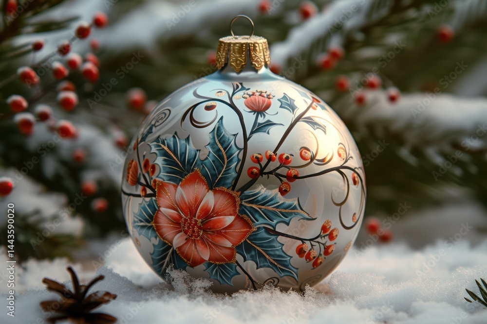 An Elegant Christmas Ornament displayed beautifully against a Snowy Background setting